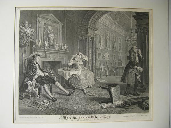William Hogarth/Bernard Baron, Lontoo 1745, Marriage A-la-Mode plate 2